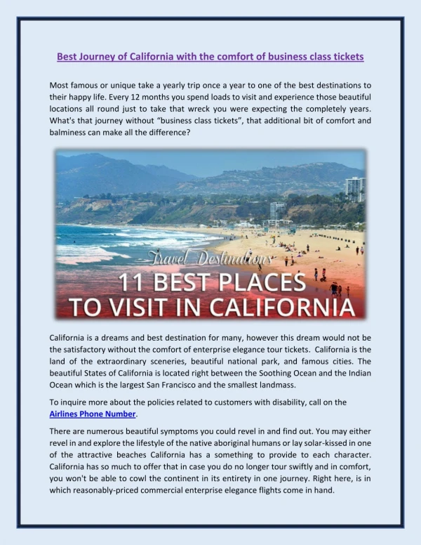 Visit Best Journey of California with the comfort of business class tickets