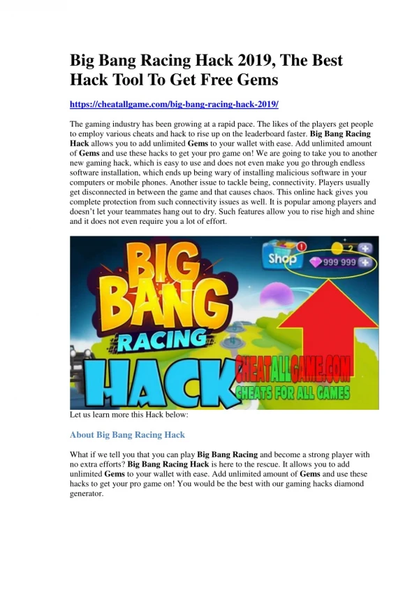Big Bang Racing Hack 2019, The Best Hack Tool To Get Free Gems