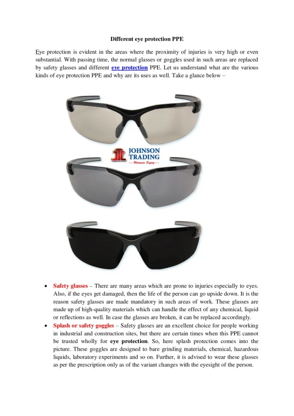 Different eye protection PPE