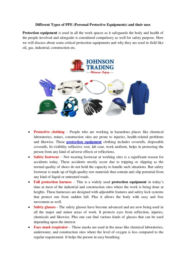 Different Types of PPE (Personal Protective Equipments) and their uses