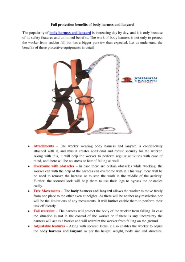 Fall protection benefits of body harness and lanyard