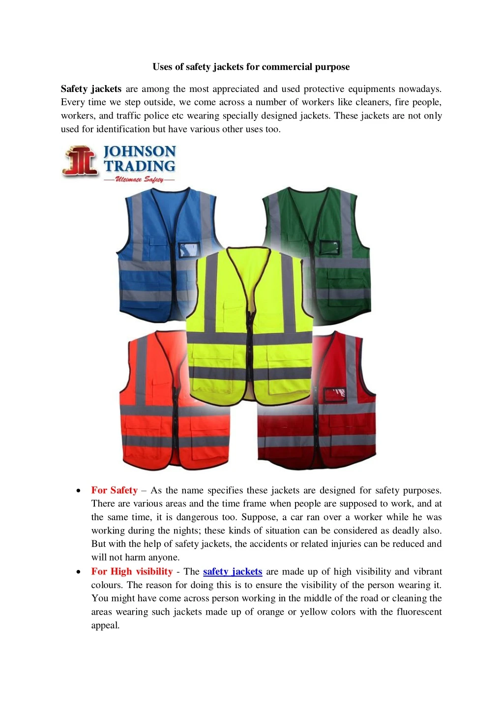 uses of safety jackets for commercial purpose
