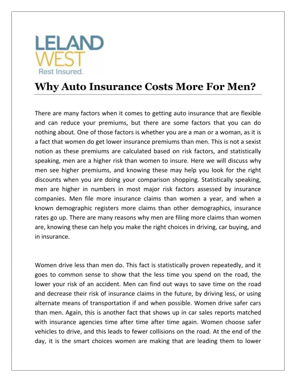 Why Auto Insurance Costs More For Men?