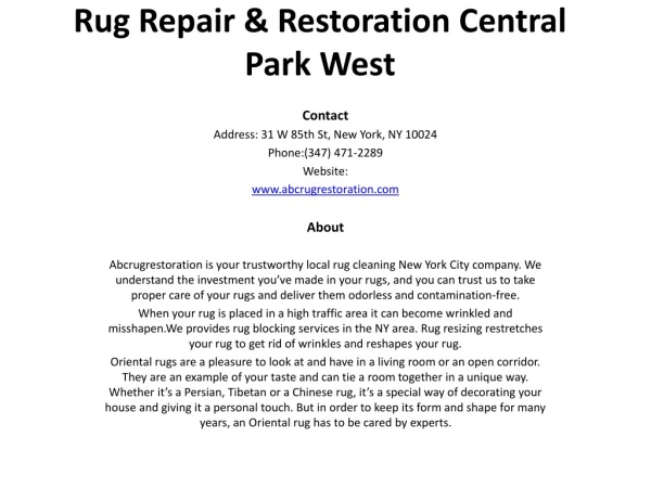 Rug Repair & Restoration Central Park West