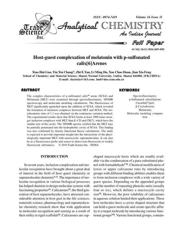 Host-guest complexation of melatonin with p-sulfonated calix[6]Arenes