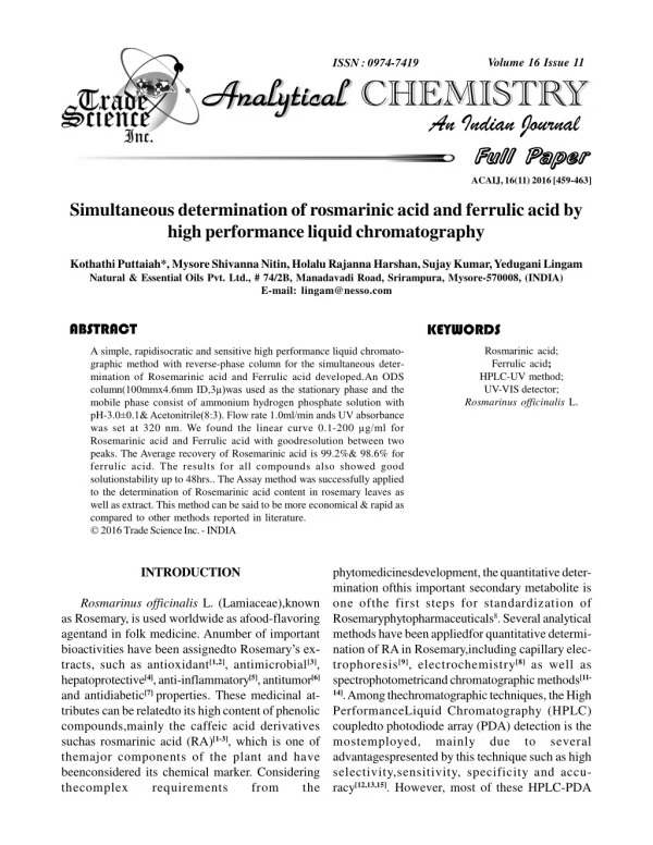 Simultaneous determination of rosmarinic acid and ferrulic acid by high performance liquid chromatography