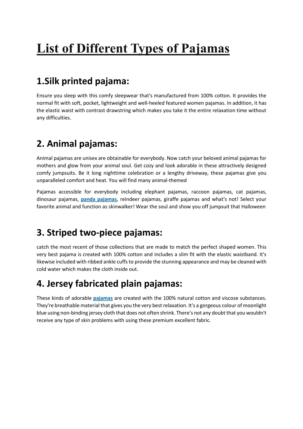 list of different types of pajamas