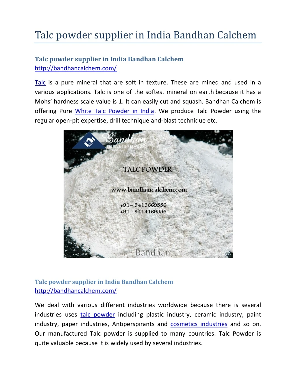 talc powder supplier in india bandhan calchem