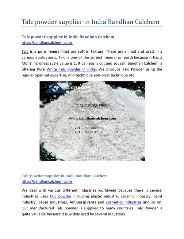 Talc powder supplier in India Bandhan Calchem