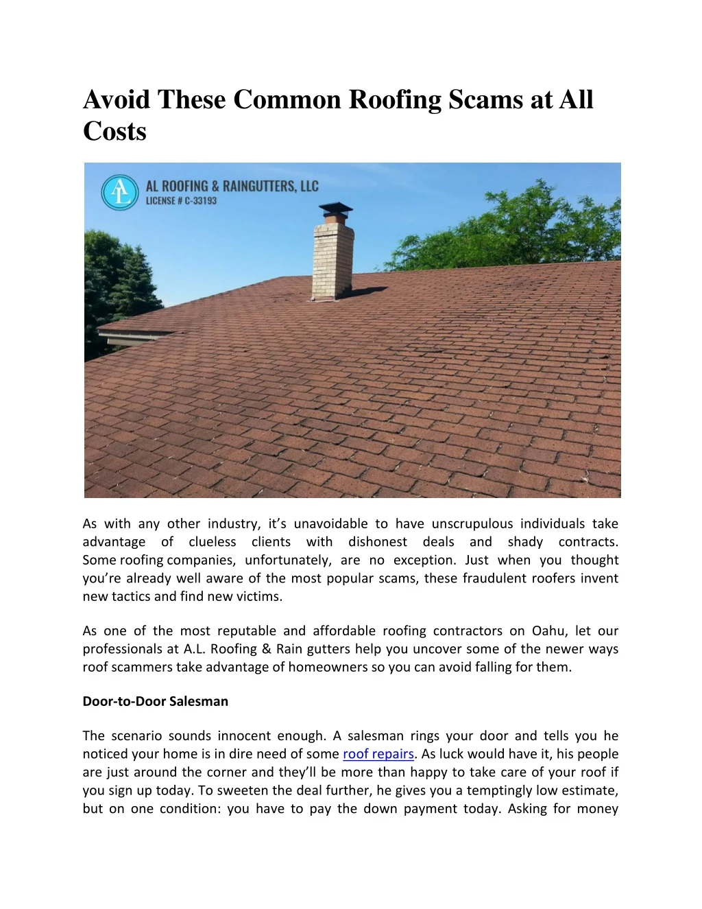 avoid these common roofing scams at all costs