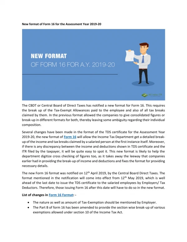 New format of Form 16 for the Assessment Year 2019-20