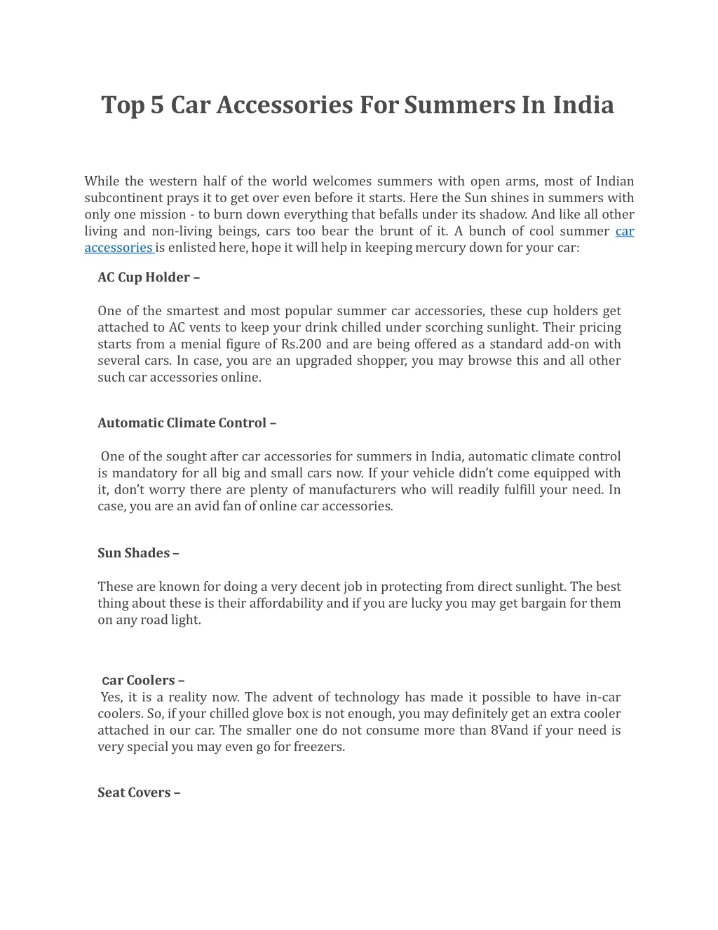 top 5 car accessories for summers in india