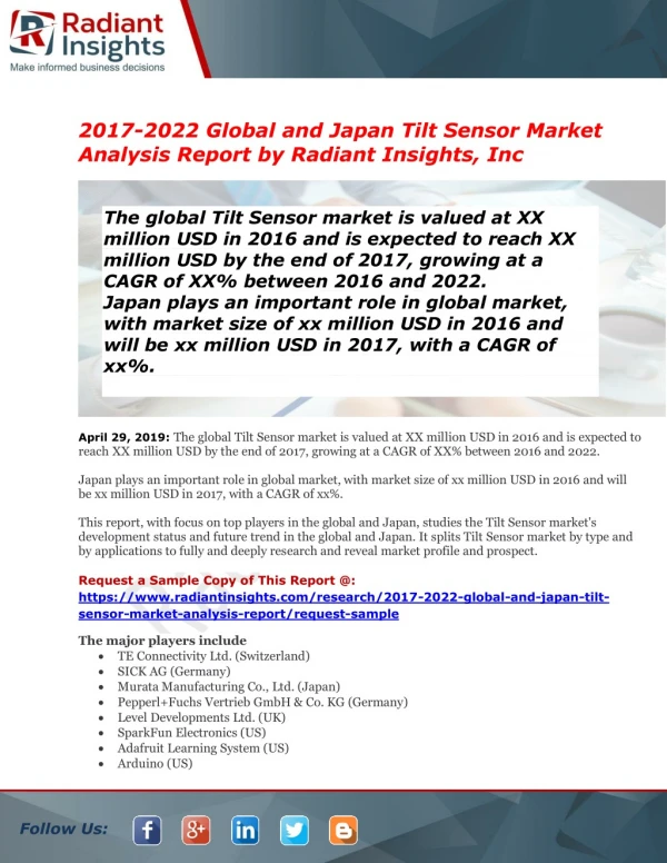 Global and Japan Tilt Sensor Market Size, Development, Key Opportunity, Application & Forecast to 2022