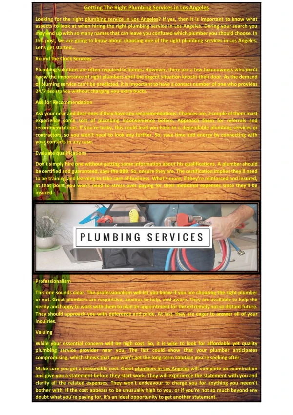 Getting The Right Plumbing Services in Los Angeles