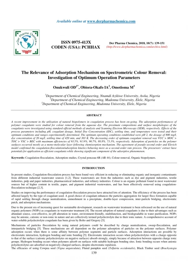 The Relevance of Adsorption Mechanism on Spectrometric Colour Removal: Investigation of Optimum Operation Parameters