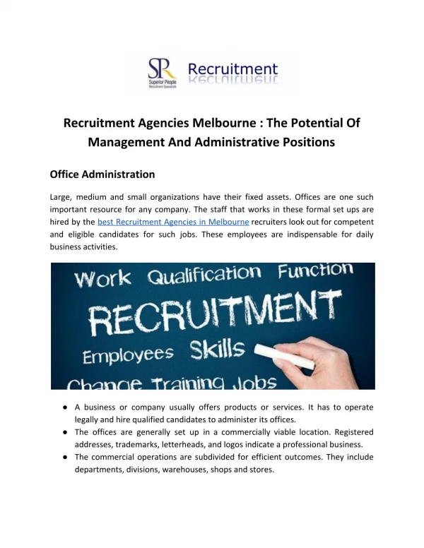 Recruitment Agencies Melbourne : The Potential Of Management And Administrative Positions