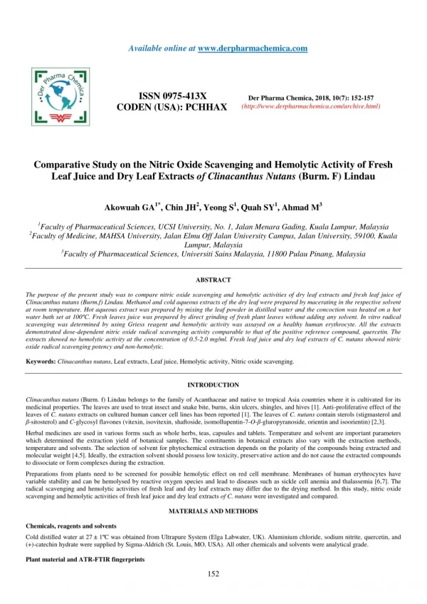 Comparative Study on the Nitric Oxide Scavenging and Hemolytic Activity of Fresh Leaf Juice and Dry Leaf Extracts of Cli