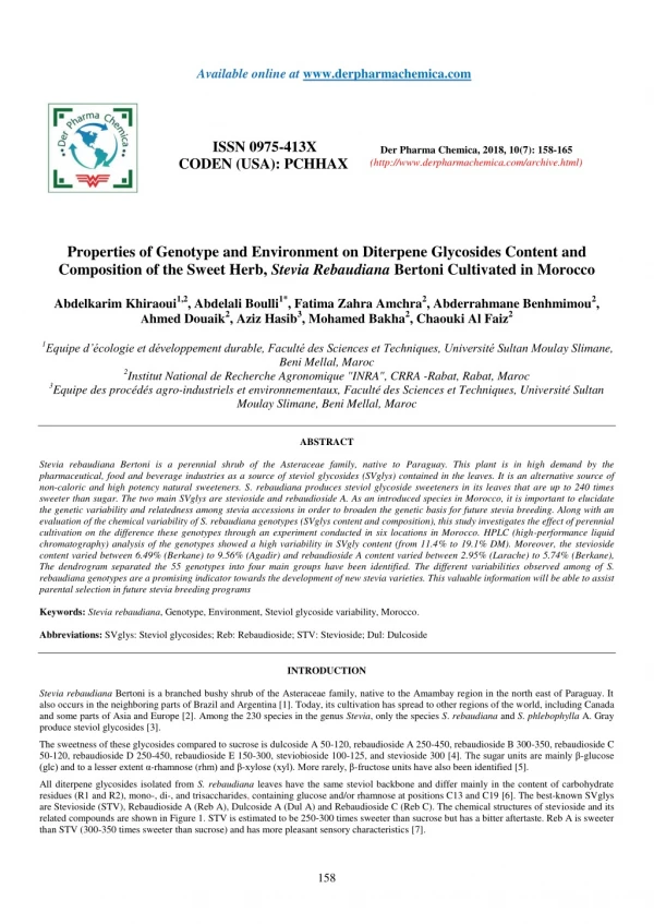 Properties of Genotype and Environment on Diterpene Glycosides Content and Composition of the Sweet Herb, Stevia Rebaudi