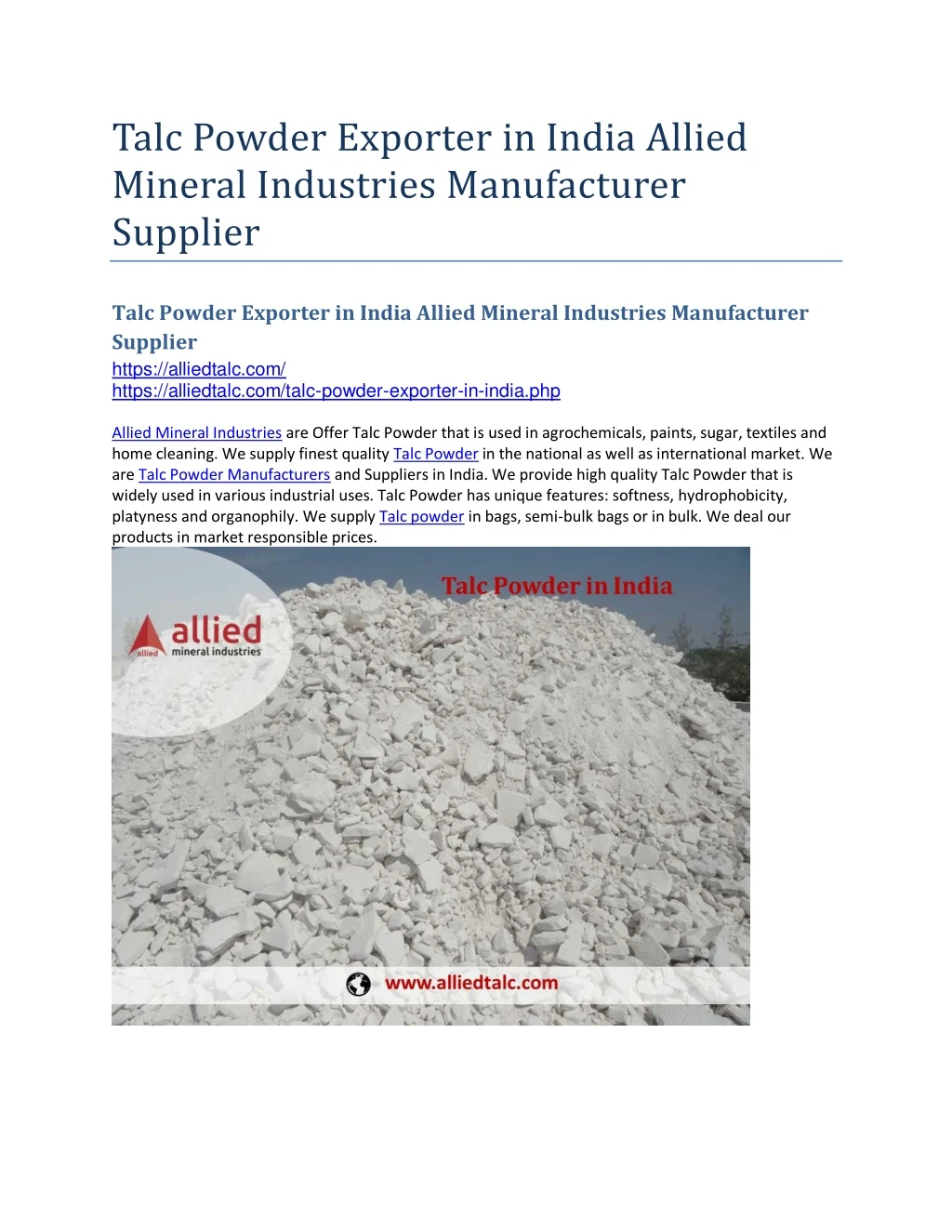 talc powder exporter in india allied mineral
