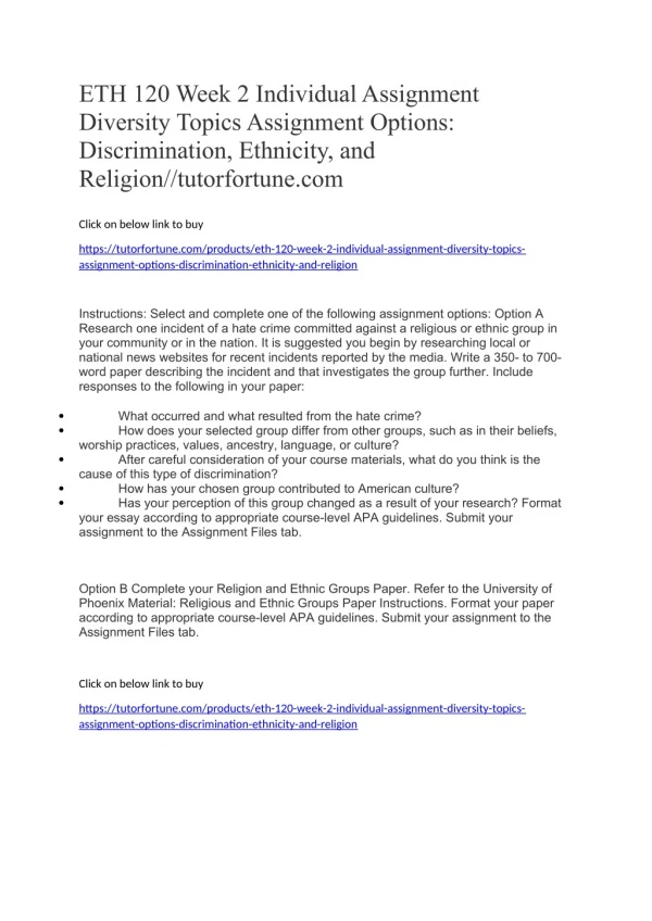 ETH 120 Week 2 Individual Assignment Diversity Topics Assignment Options: Discrimination, Ethnicity, and Religion//tutor