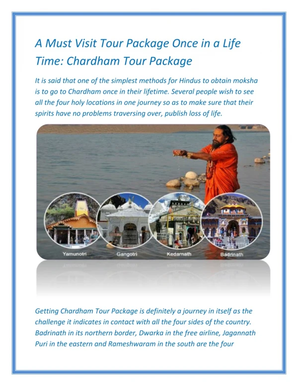 A Must Visit Tour Package Once in a Life Time: Chardham Tour Package