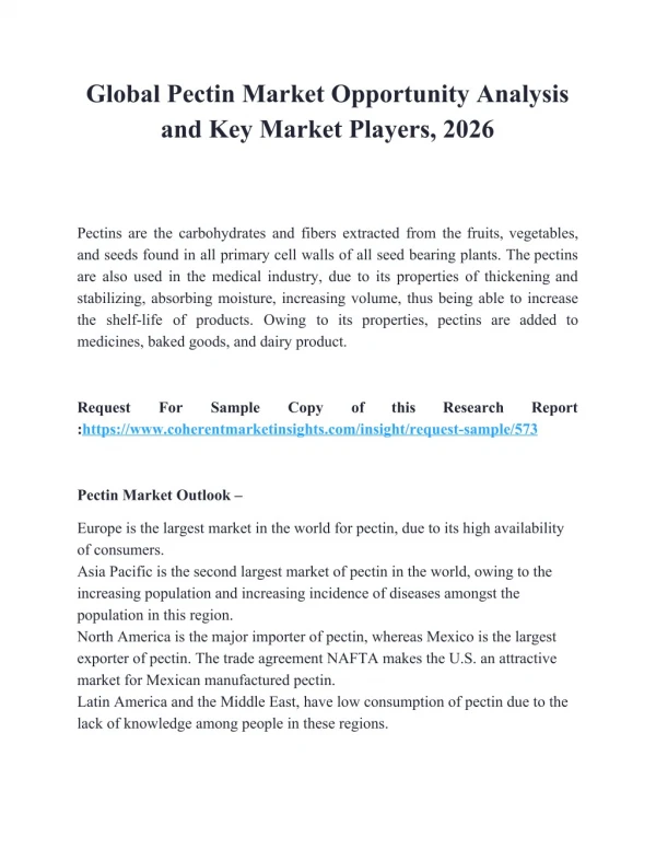 Global Pectin Market Opportunity Analysis and Key Market Players, 2026