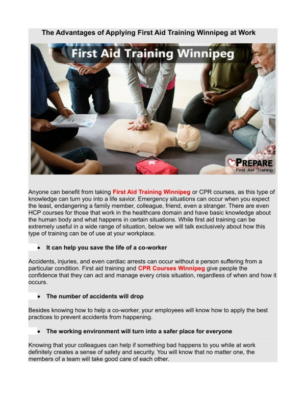 The Advantages of Applying First Aid Training Winnipeg at Work