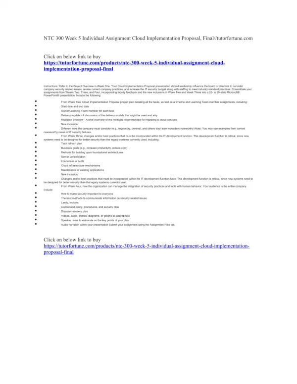 NTC 300 Week 5 Individual Assignment Cloud Implementation Proposal, Final//tutorfortune.com