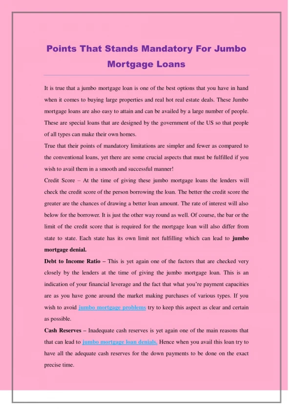 Points That Stands Mandatory For Jumbo Mortgage Loans