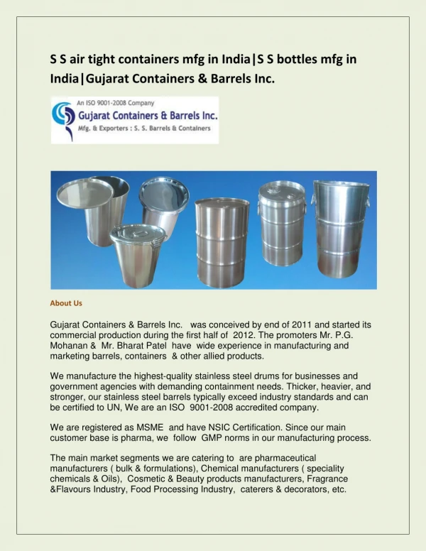 Stainless Steel container and S.S Barrels Manufacturer|Gujaratbarrels