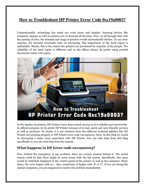 How to Troubleshoot HP Printer Error Code 0xc19a0003?