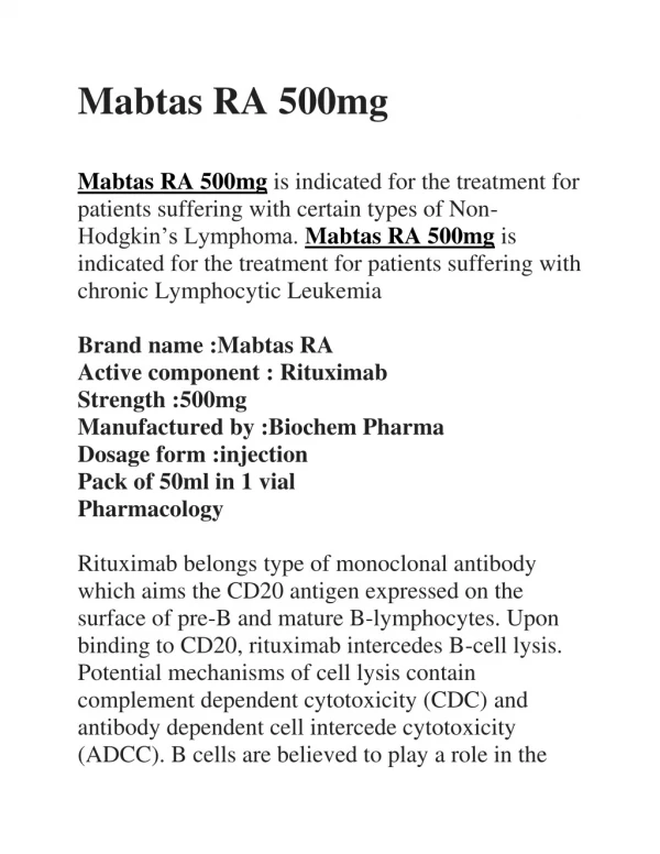 Mabtas RA500mg injection - Rituximab | Apple Pharmaceuticals
