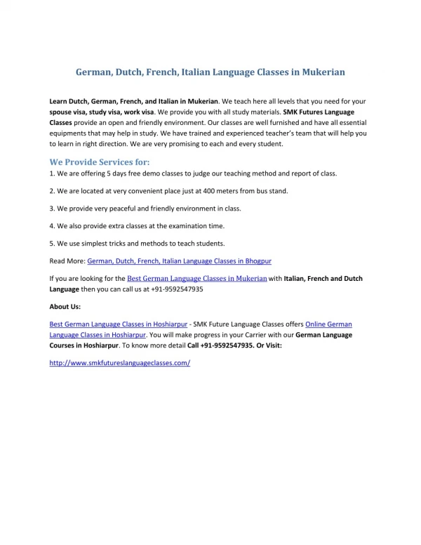German Language Classes in Mukerian
