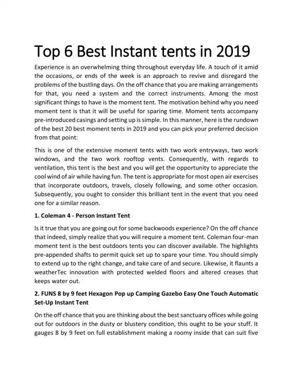 Top 6 Best Instant tents in 2019