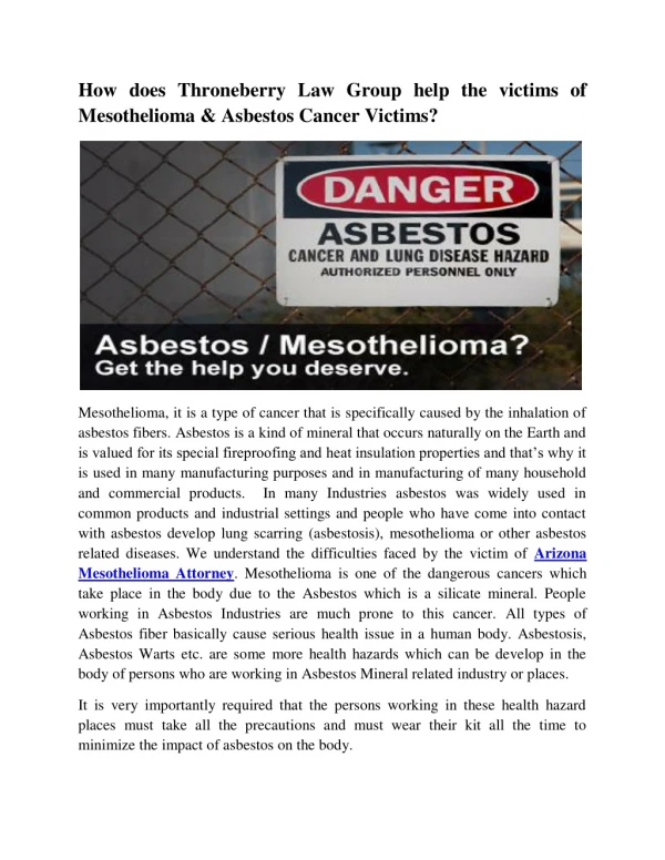 How does Throneberry Law Group help the victims of Mesothelioma & Asbestos Cancer Victims?