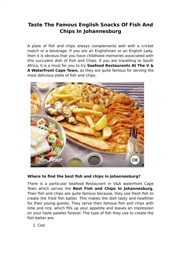Taste The Famous English Snacks Of Fish And Chips In Johannesburg