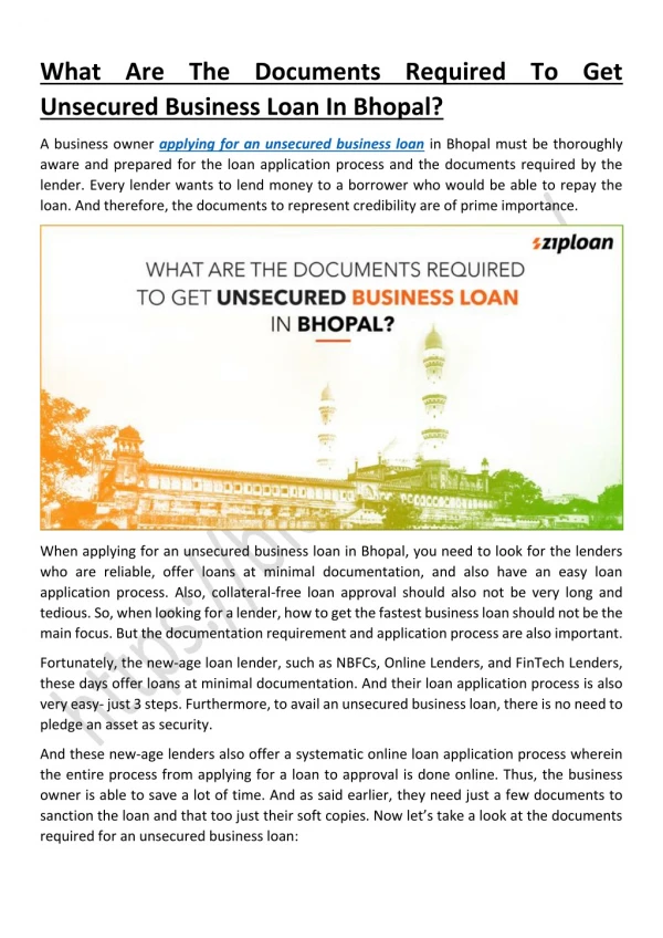 What Are The Documents Required To Get Unsecured Business Loan In Bhopal?