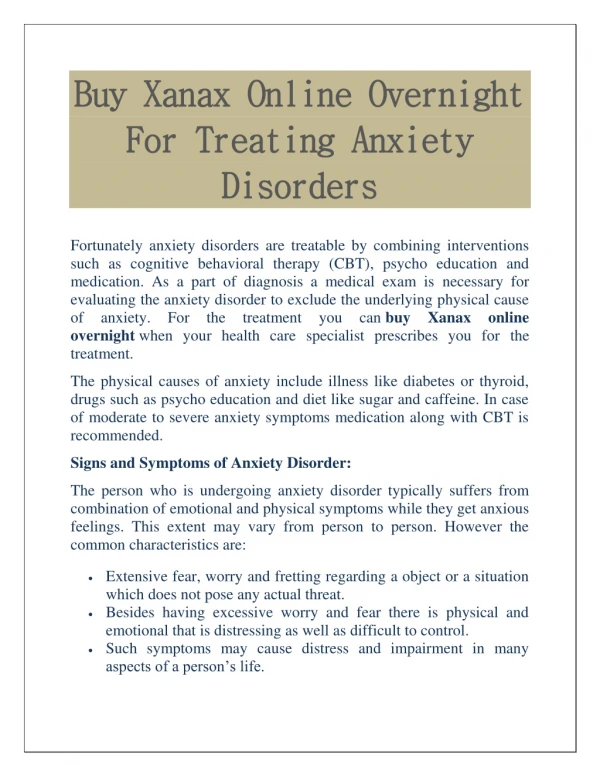 Buy Xanax Online Overnight For Treating Anxiety Disorders