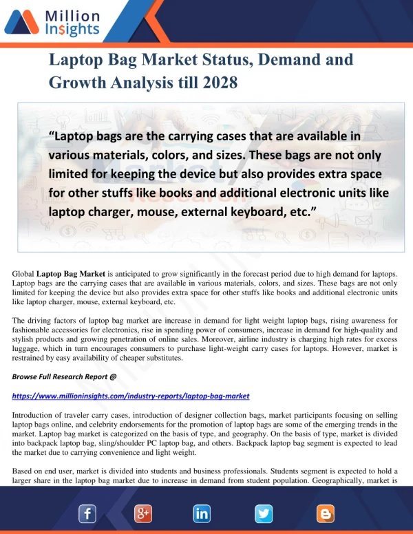 Laptop Bag Market Status, Demand and Growth Analysis till 2028