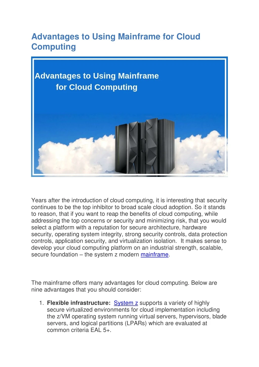 advantages to using mainframe for cloud computing