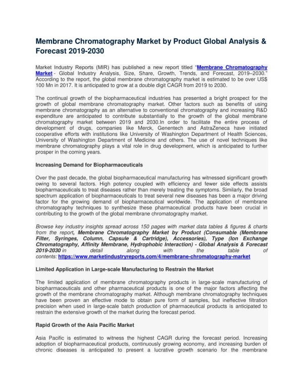 Global Membrane Chromatography Market by Product Global Analysis & Forecast 2019-2030