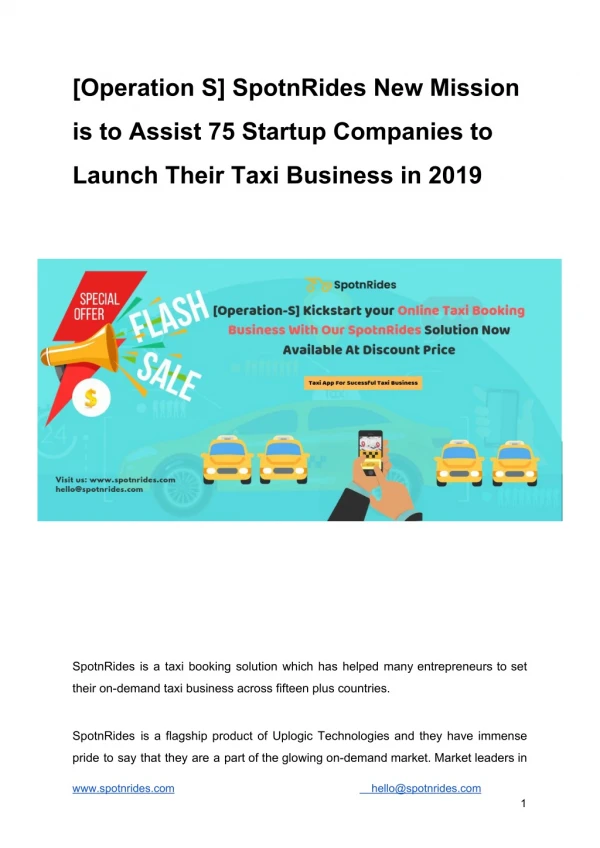 [Operation S] SpotnRides New Mission is to Assist 75 Startup Companies to Launch Their Taxi Business in 2019