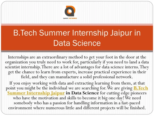B.Tech Summer Internship Jaipur in Data Science