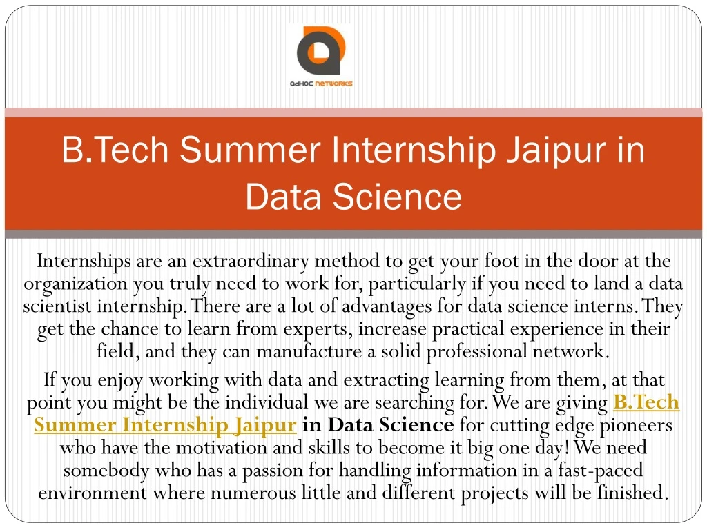 b tech summer internship jaipur in data science