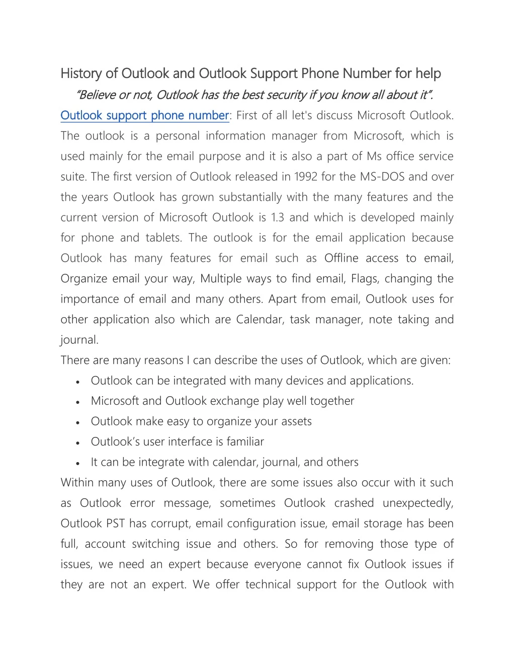 history of outlook and outlook support phone