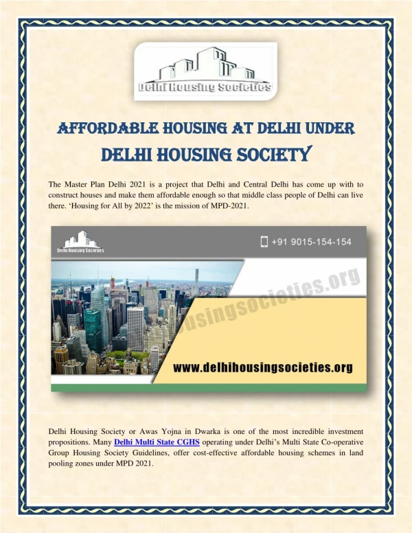 Affordable Housing at Delhi under Delhi Housing Society