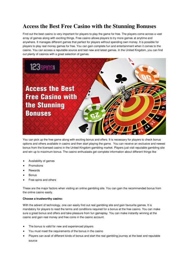 Access the Best Free Casino with the Stunning Bonuses