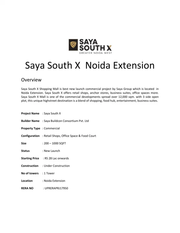 Saya South X | Commercial Project in Noida Extension