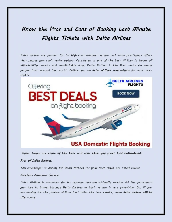 Delta Airlines - Know the Pros and Cons of Booking Last Minute Flights Tickets with Delta Airlines