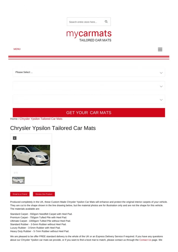 Tailored Chrysler Ypsilon Car Mats – Custom Car Mats | Rubber Car Mats